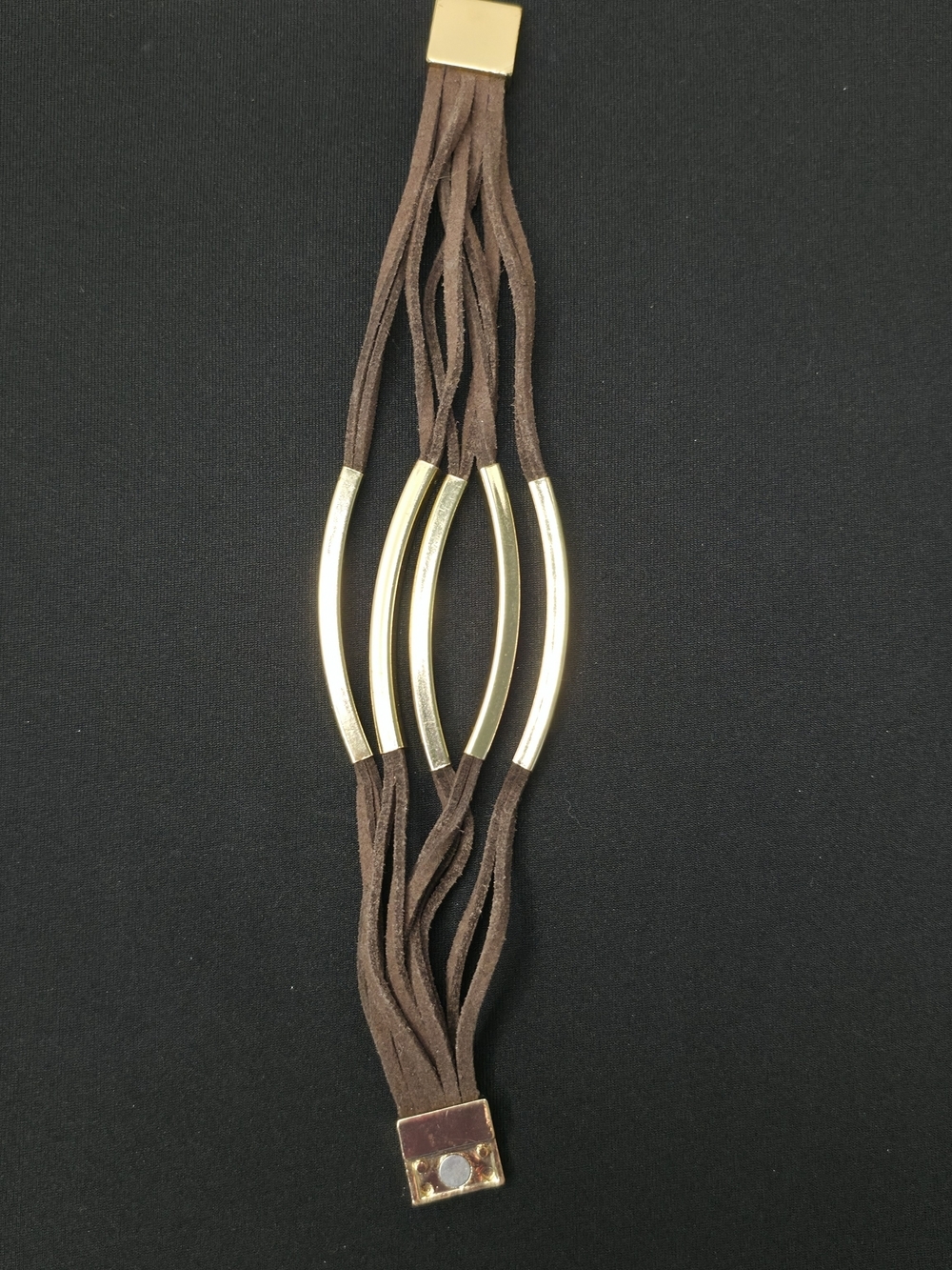 Artisan Gold Bar Brown Suede Multi-Strand Wrap Bracelet 8" - Picture 4 of 4